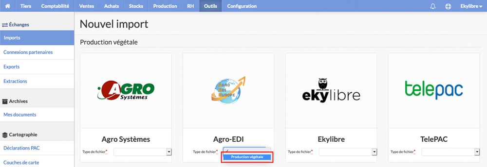 Sélection du type d'import