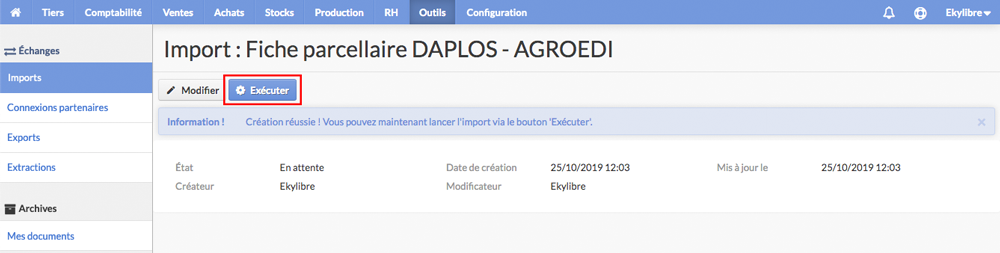 Exécution import