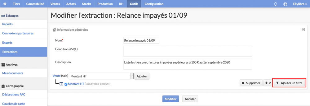 Paramétrage d'un filtre