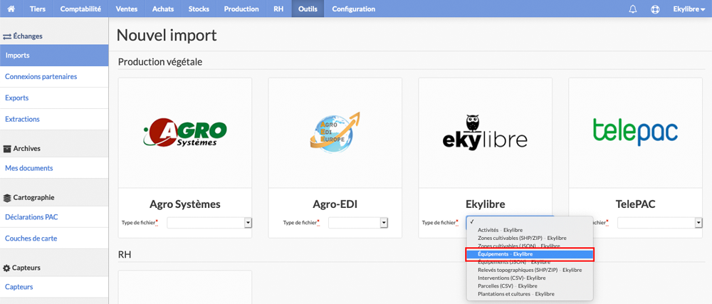Sélection du type d'import