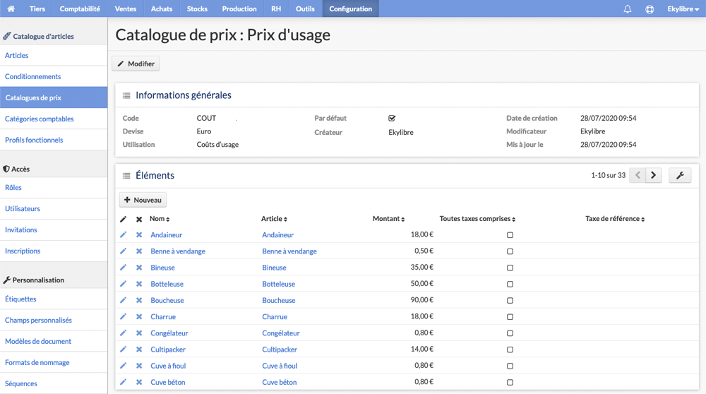 Catalogue coûts d'usage