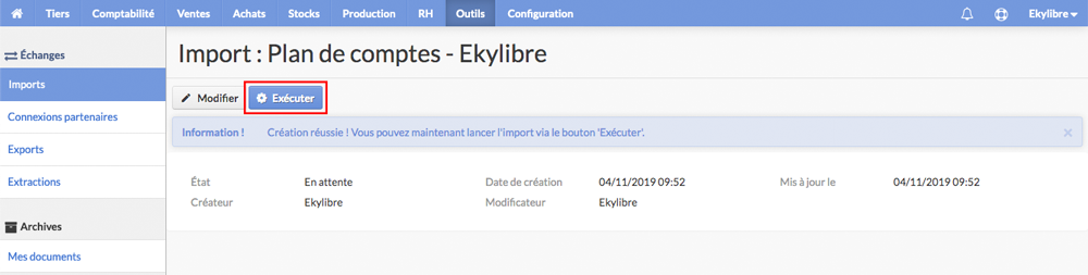 Exécution import