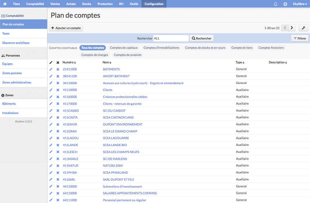 Affichage plan de comptes