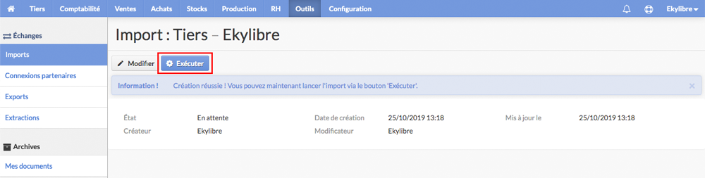 Exécution import
