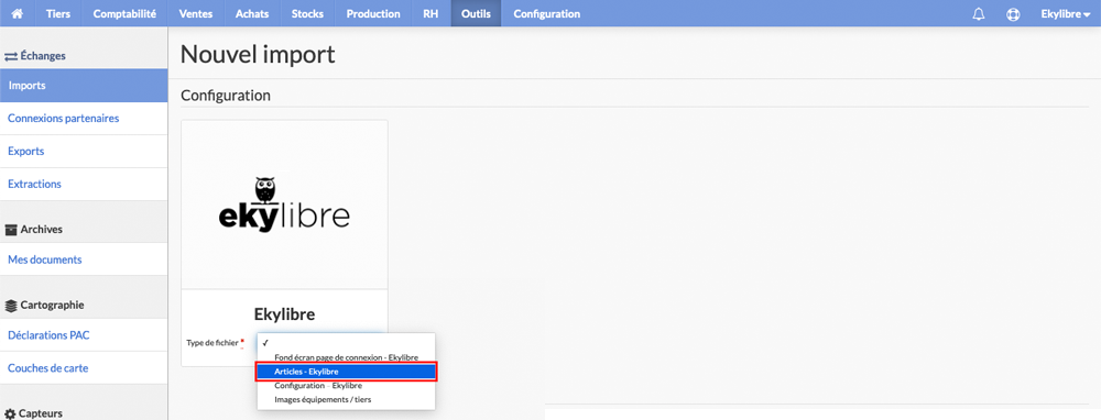 Sélection du type d'import