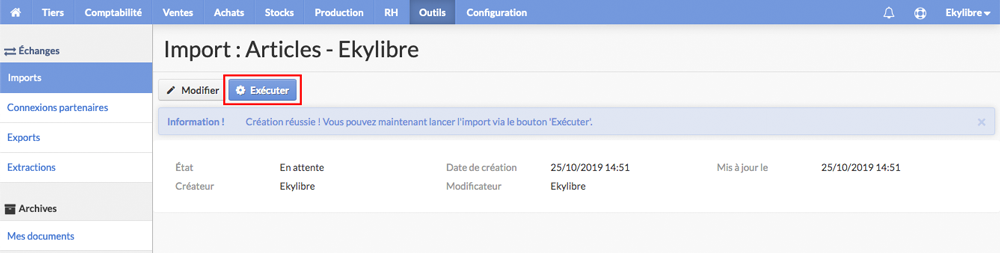 Exécution import