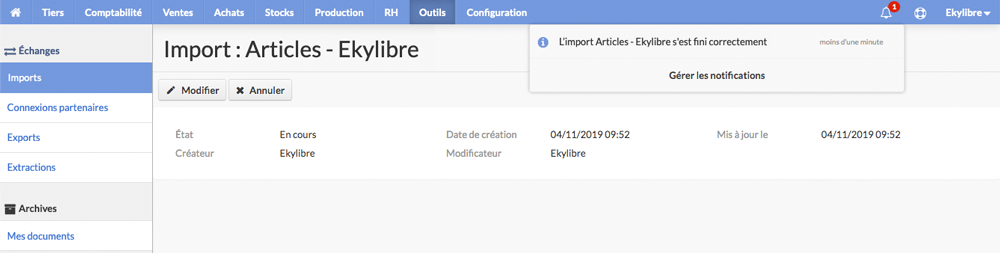 Affichage notifications