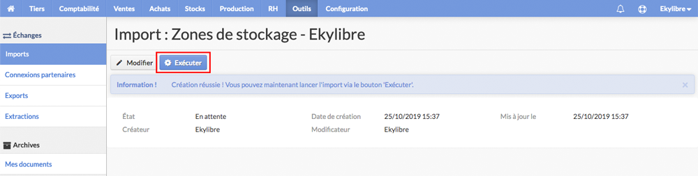 Exécution import