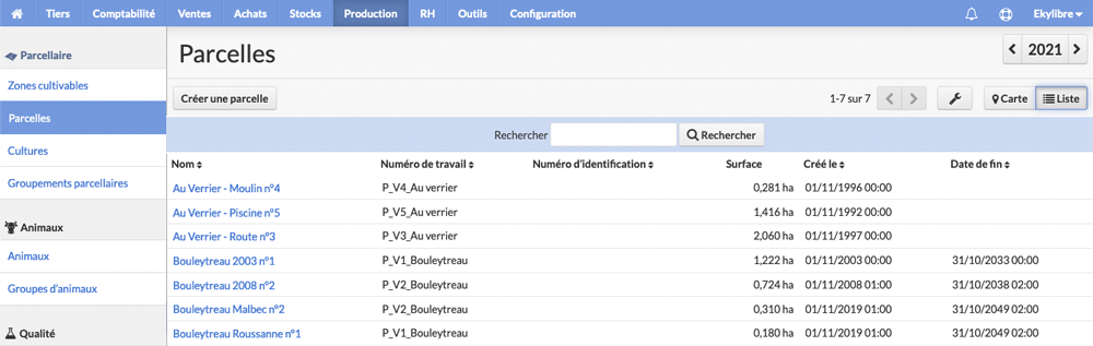 Liste des parcelles