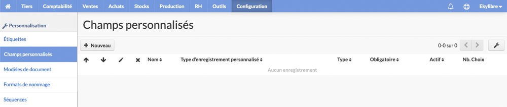 Liste des champs personnalisés