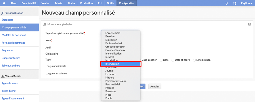 Sélection type d'enregitrement