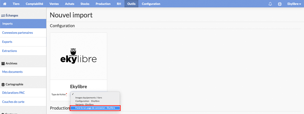 Sélection du type d'import