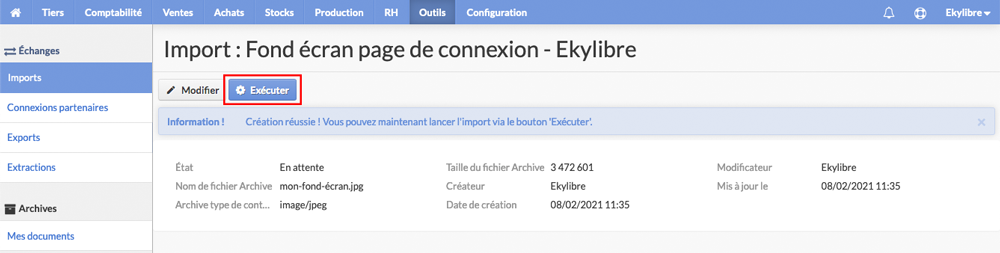Exécution import