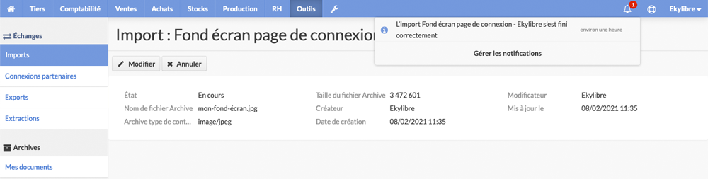 Affichage notifications