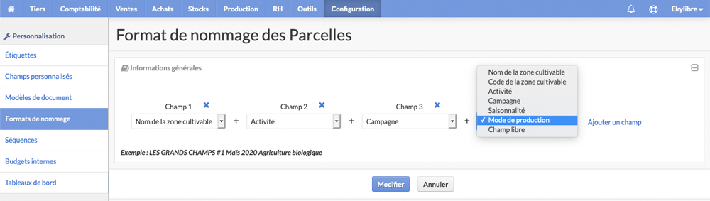 Sélection type de champ