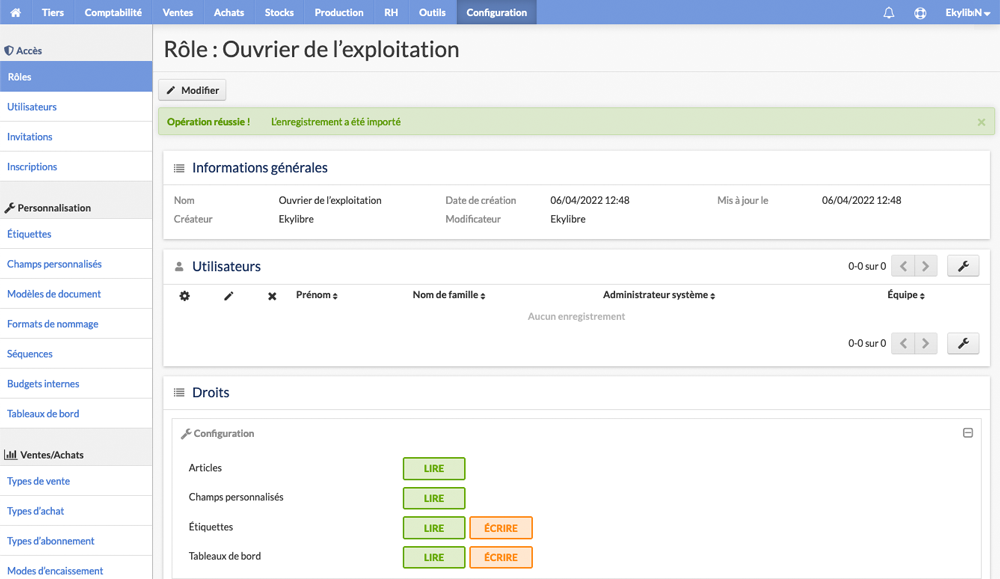 Droits du rôle d'utilisateur