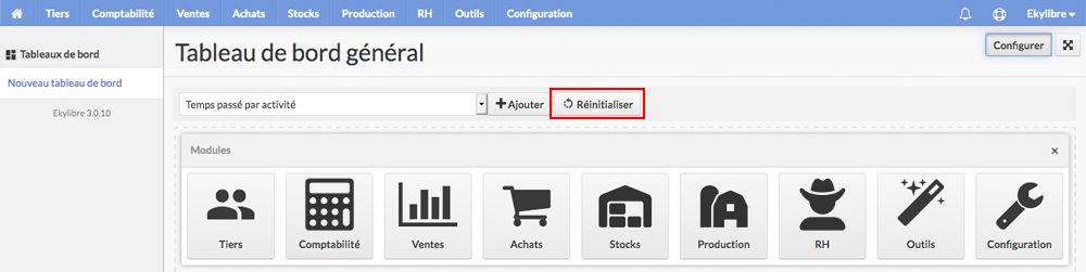 Réinitialisation tableau de bord