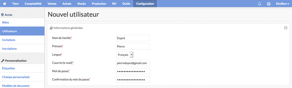 Création d'un nouvel utilisateur