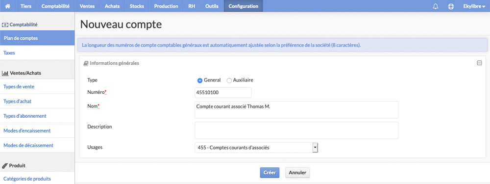Paramétrage compte comptable