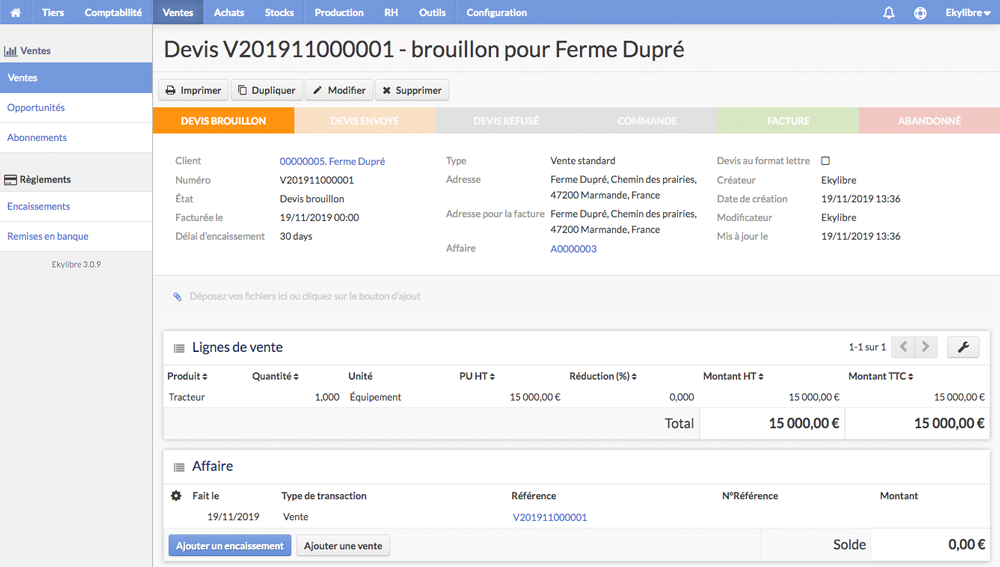 Vente en mode devis brouillon