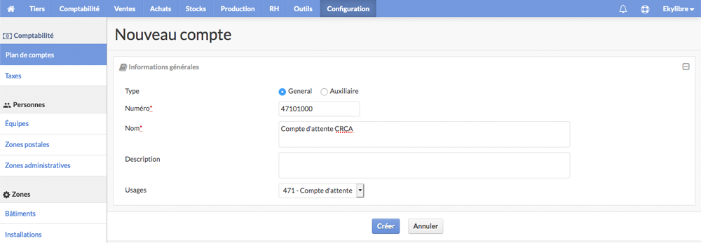 Paramétrage compte comptable