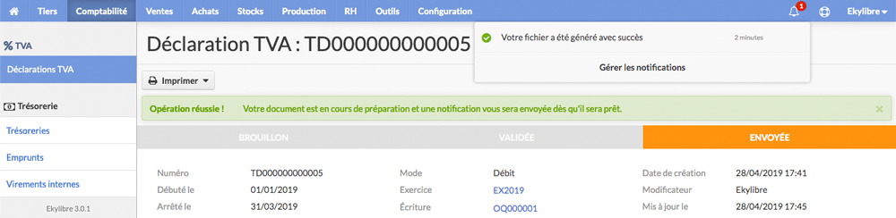 Notification export déclaration