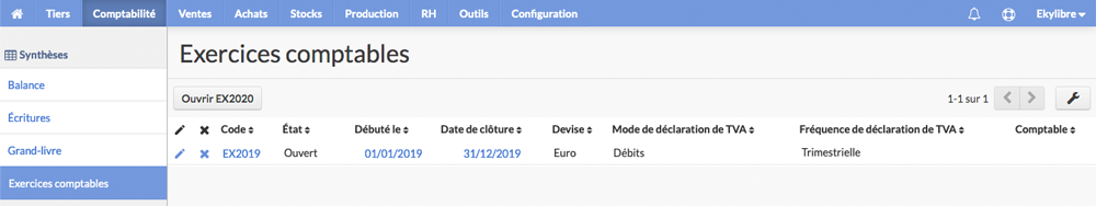 Liste des exercices comptables
