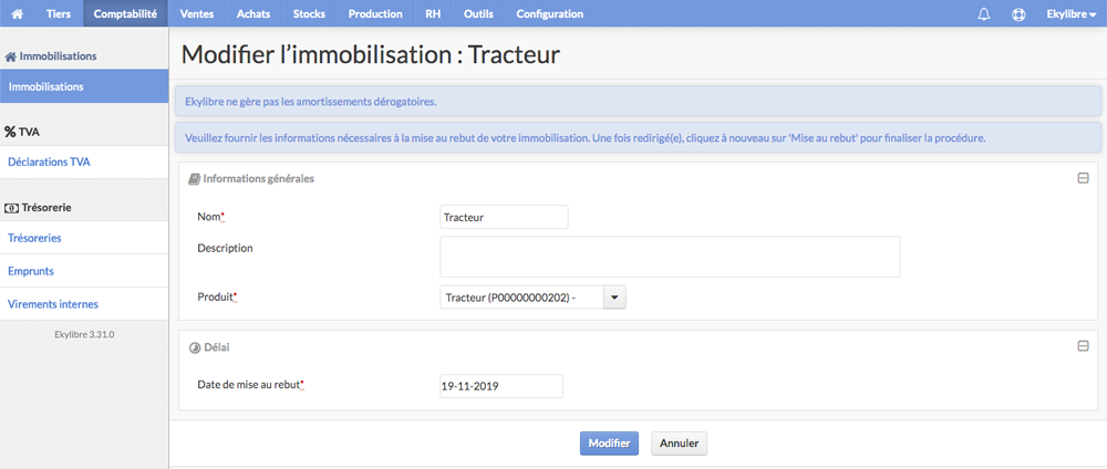 Affichage immobilisation