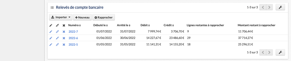 Liste relevés de compte