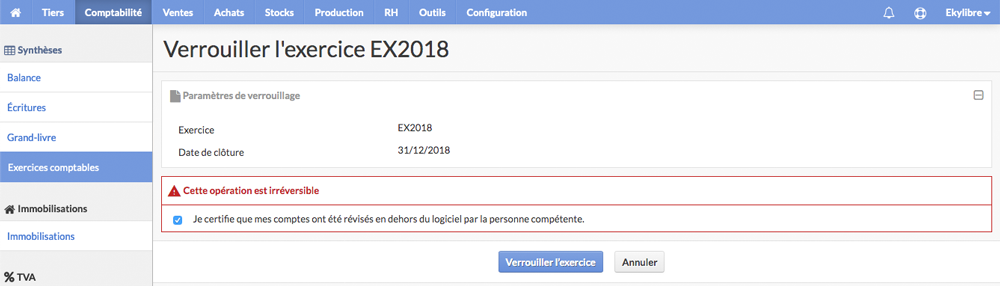 Verrouillage de l'exercice