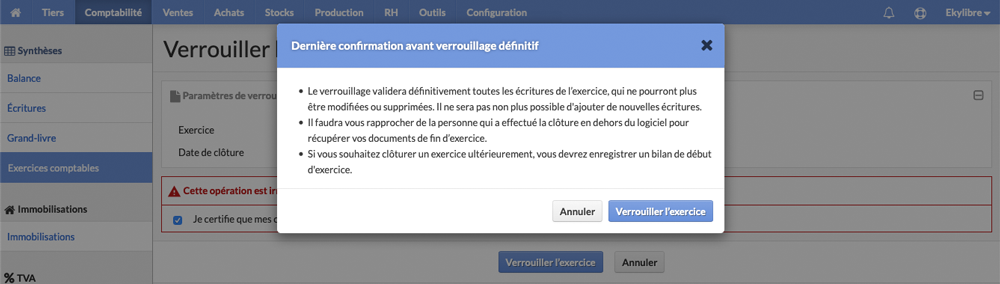 Verrouillage de l'exercice