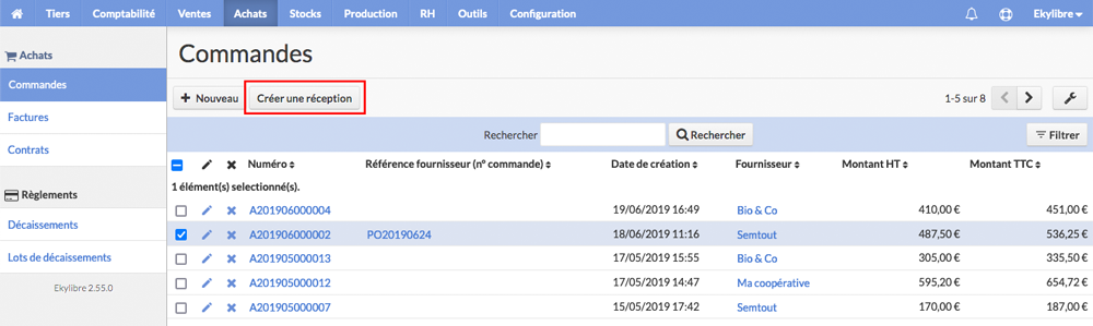 Créer une réception