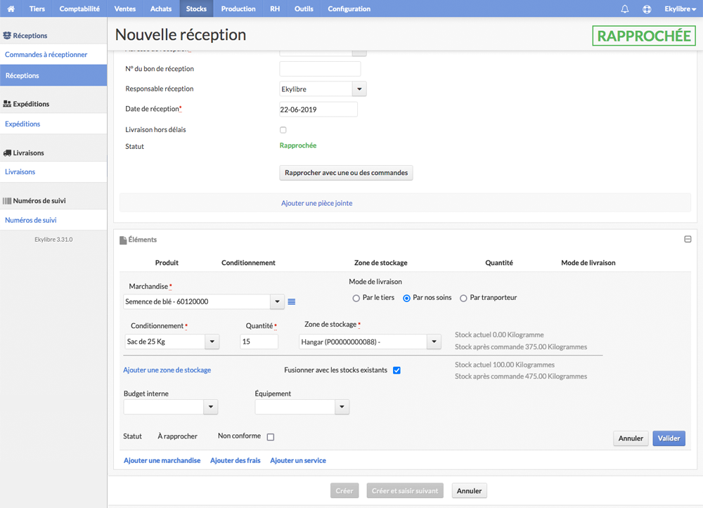 Validation de la réception