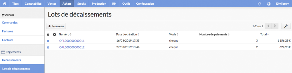 Liste des décaissements par lots