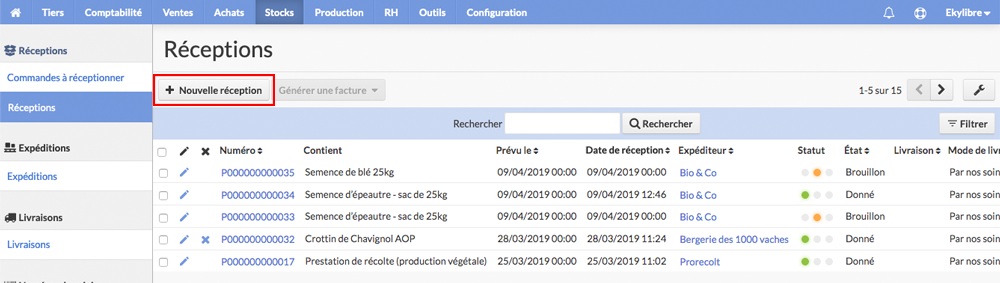 Création nouvelle réception