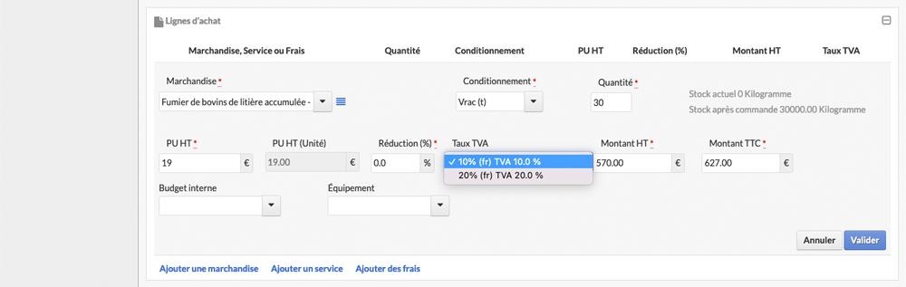 Sélection taux de TVA