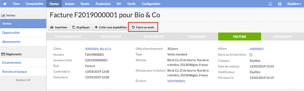 Faire un avoir