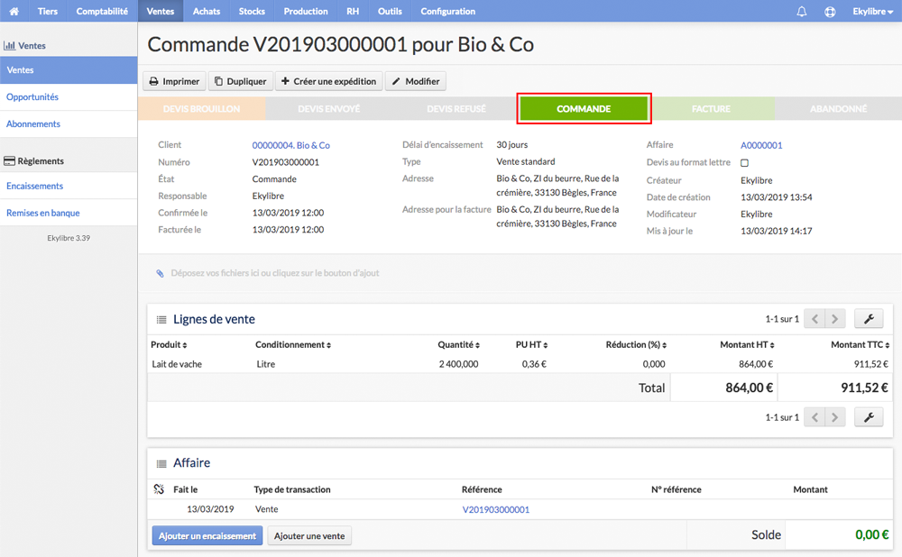 Passer le devis en commande
