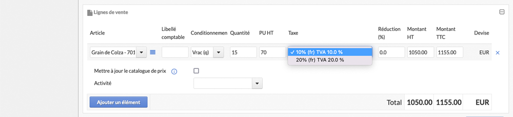 Sélection taux de TVA