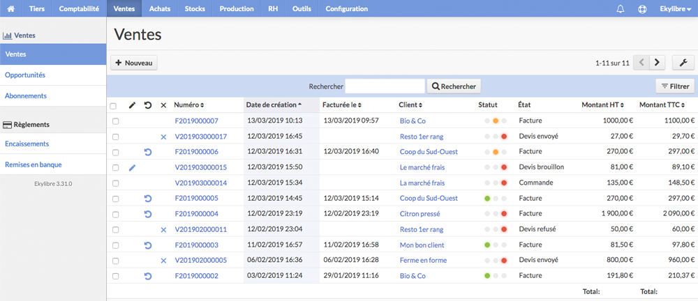 Liste des ventes