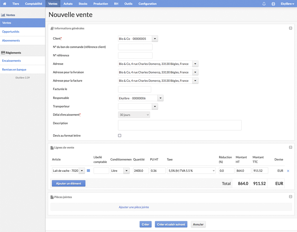 Créer une nouvelle vente