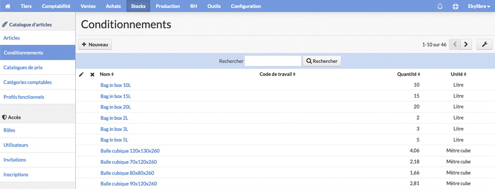 Liste des conditionnements