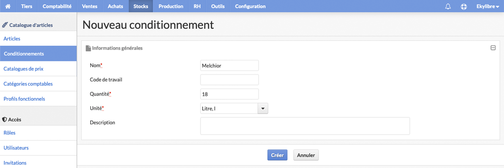 Paramétrage conditionnement