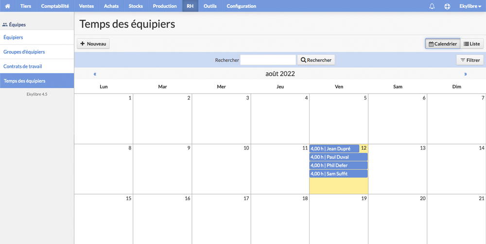 Temps des équipiers