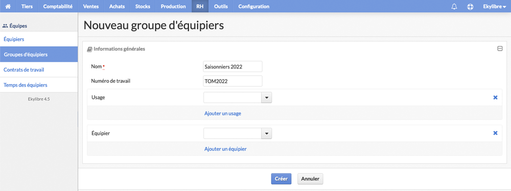 Paramétrage du groupe d'équipiers