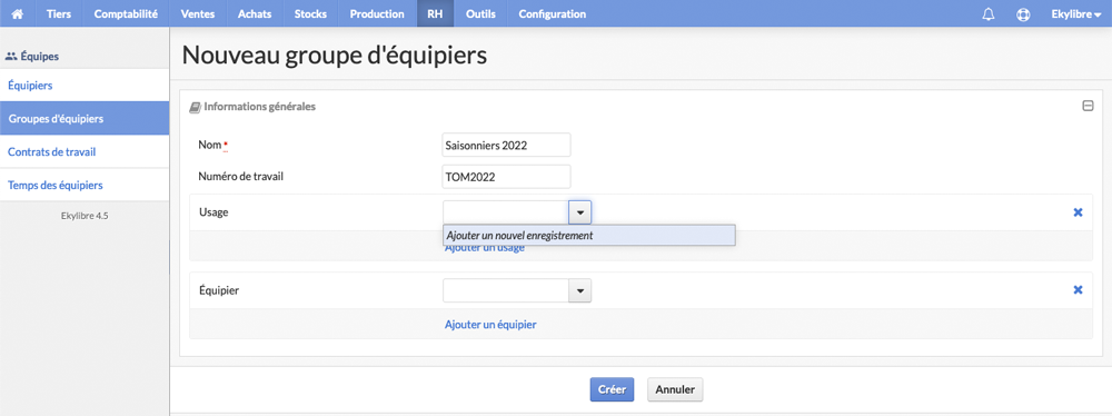 Paramétrage de l'usage