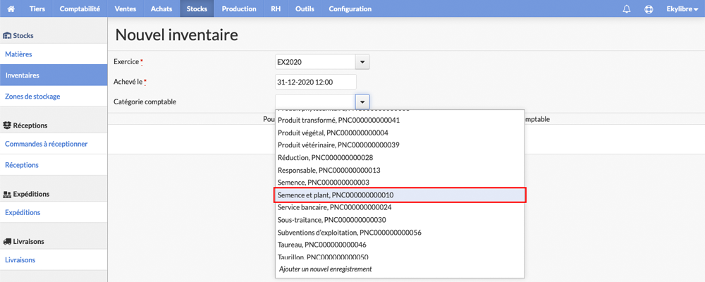 Sélection catégorie comptable