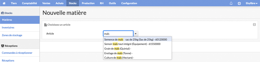 Sélection matière