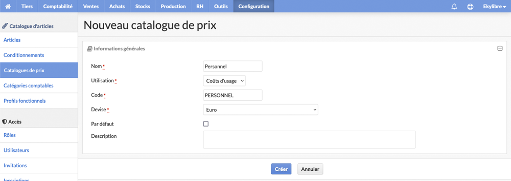 Configuration du catalogue