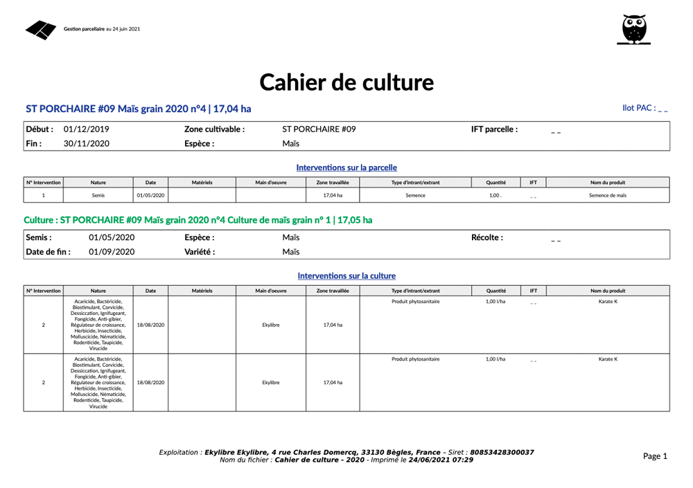 Affichage du cahier de culture